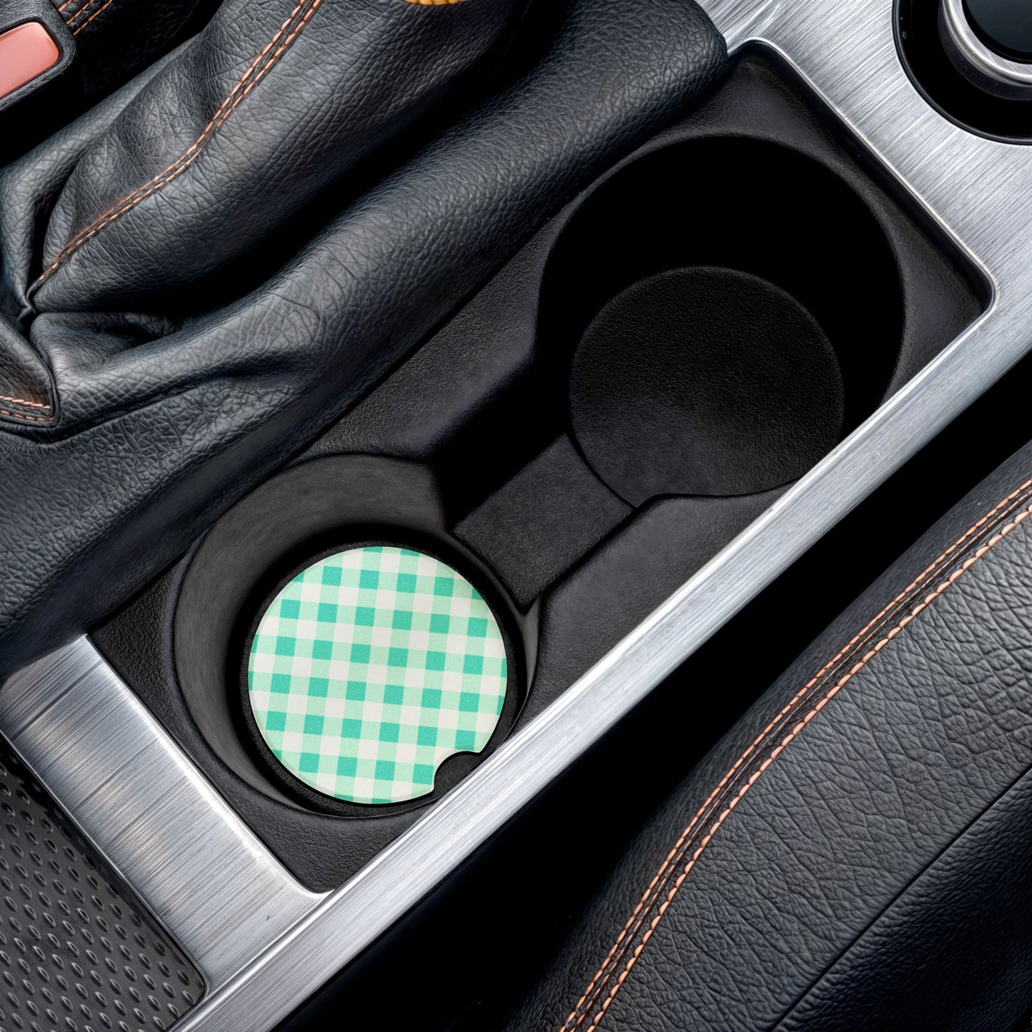 Preppy Aqua Gingham Soapstone Car Coaster