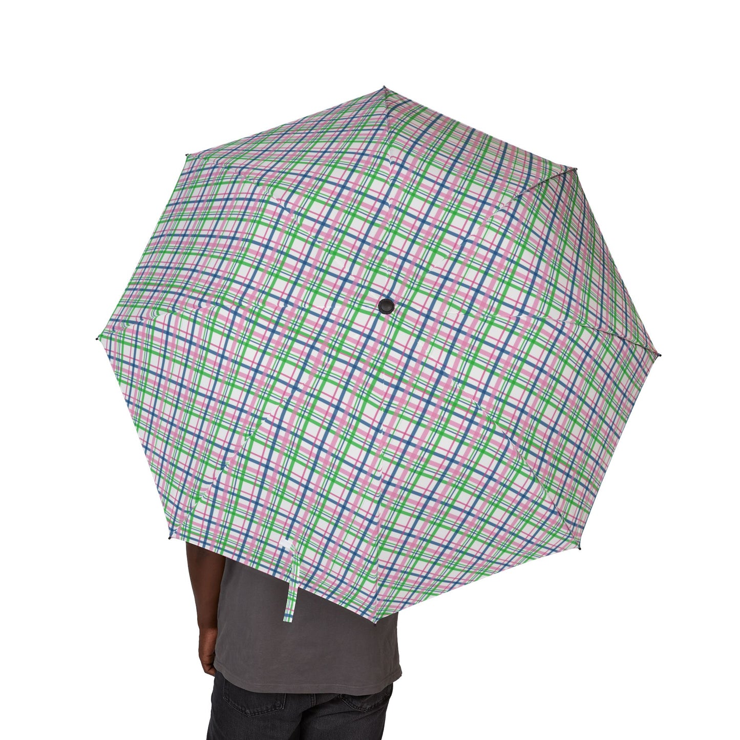 Pink Plaid Semi-Automatic Foldable Umbrella