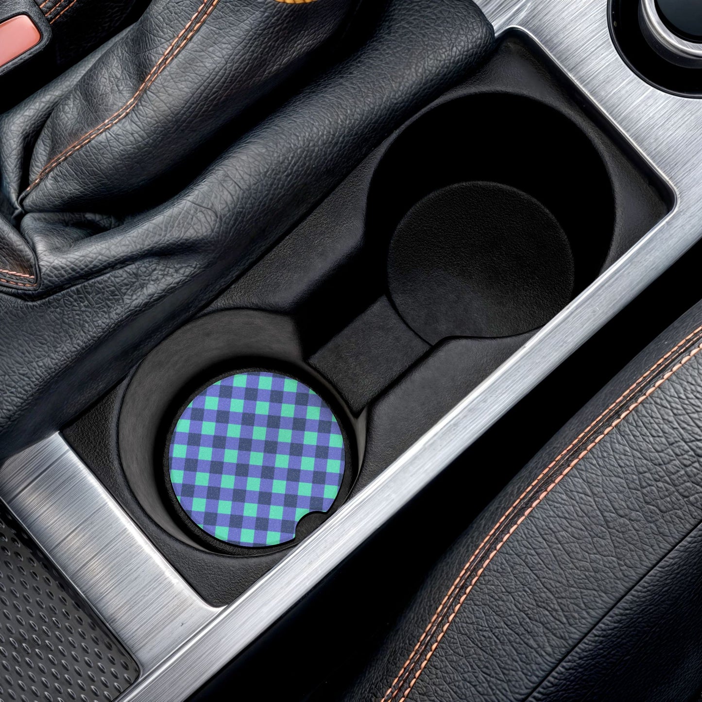 Preppy Purple Aqua Gingham Soapstone Car Coaster