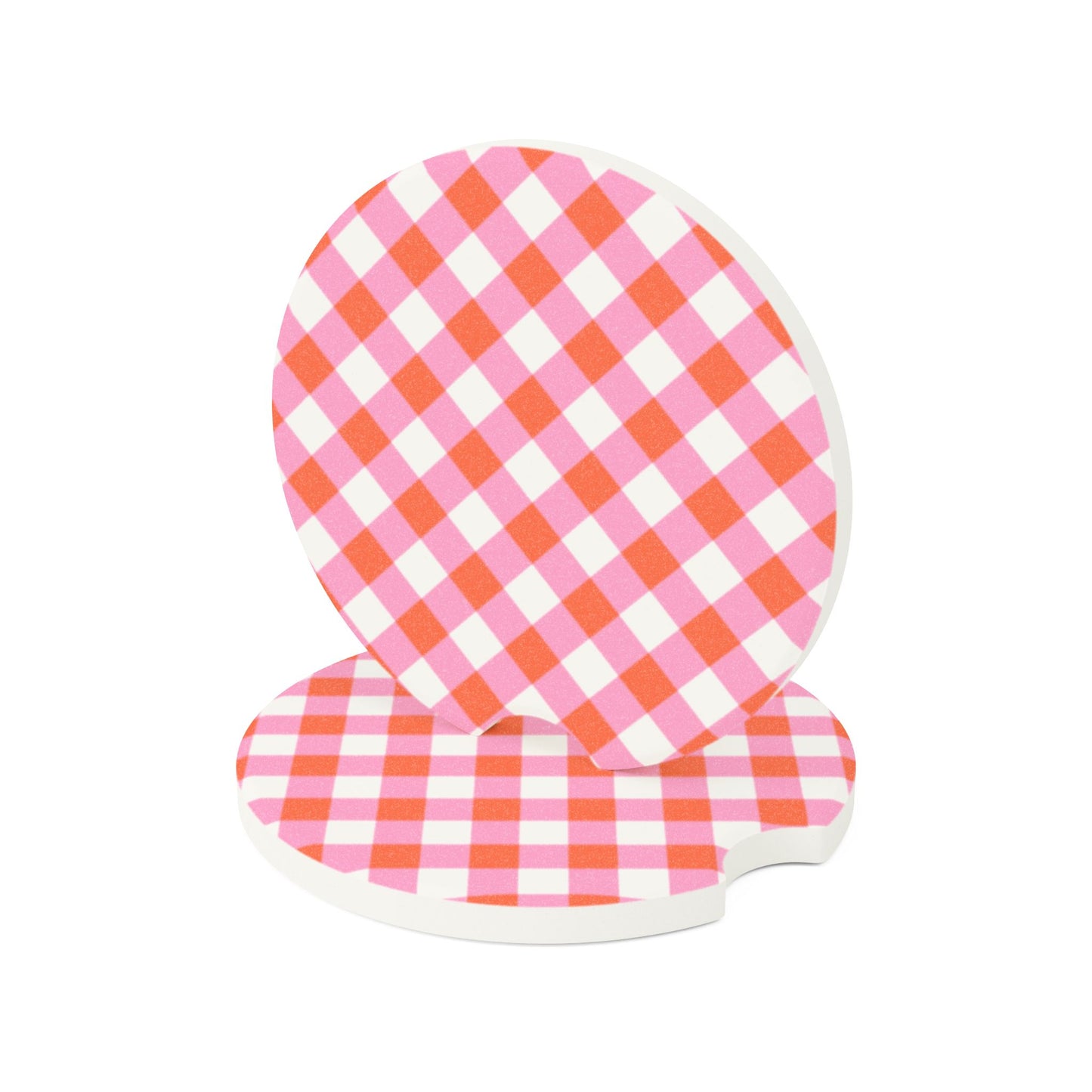 Preppy Pink Orange Gingham Soapstone Car Coaster