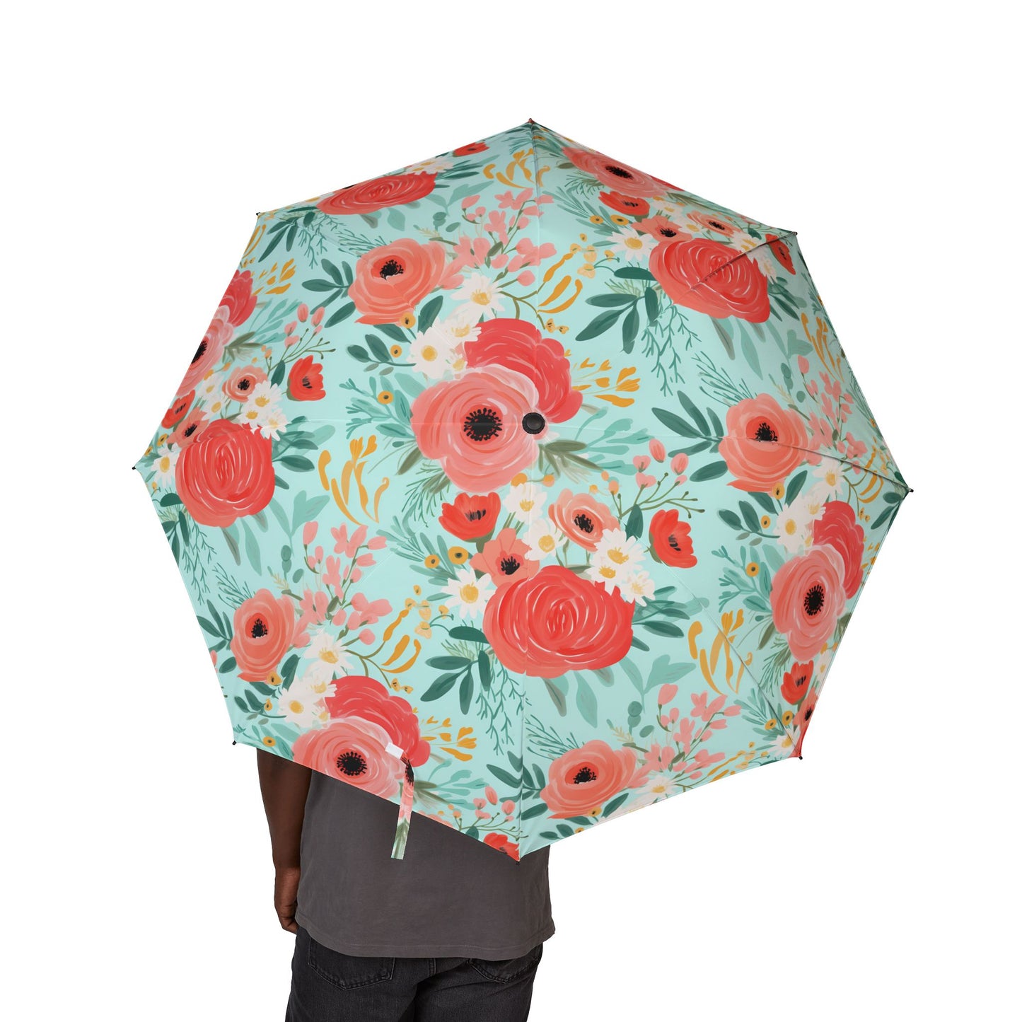 Coral Floral Semi-Automatic Foldable Umbrella