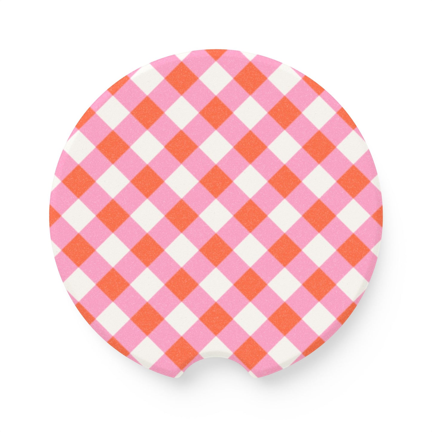 Preppy Pink Orange Gingham Soapstone Car Coaster