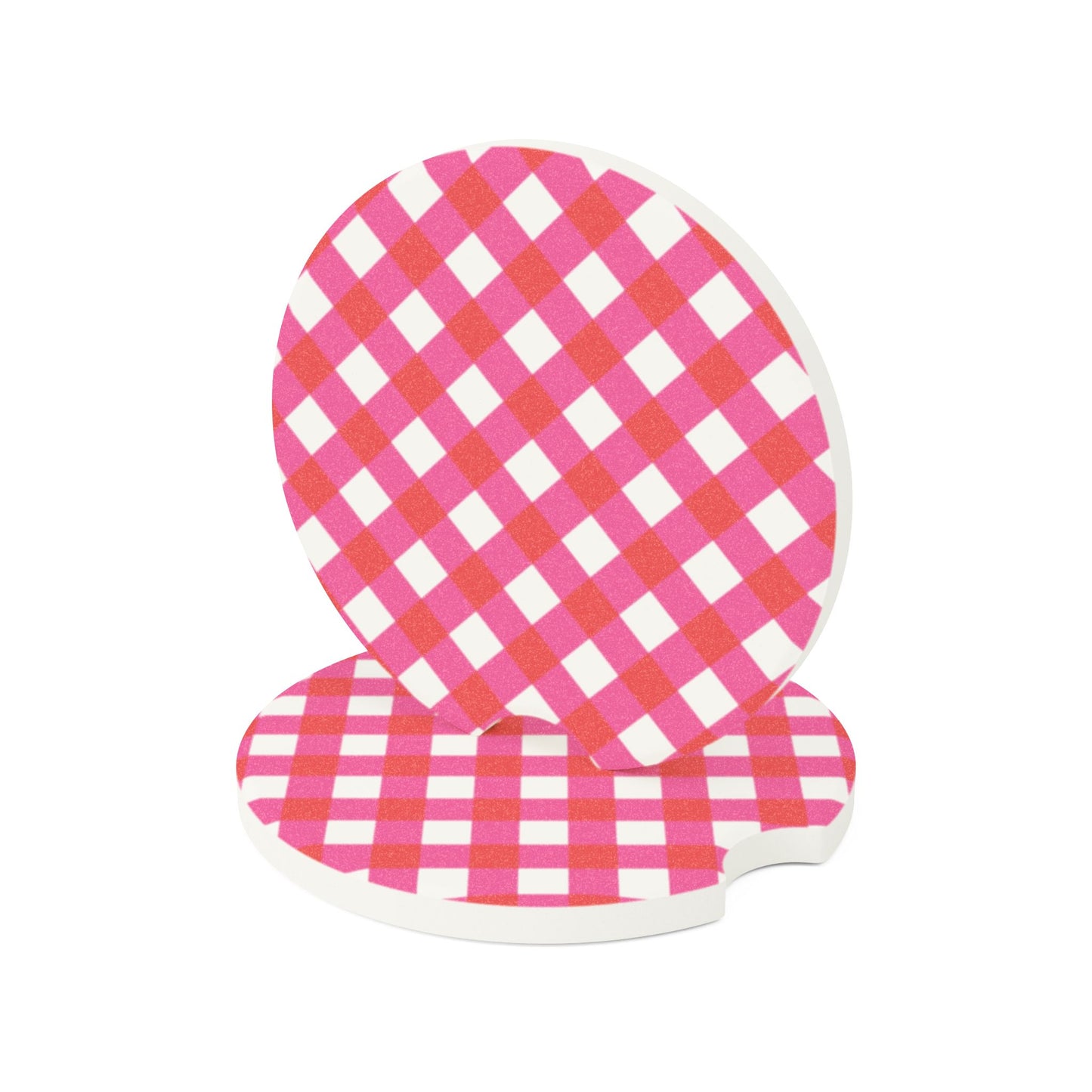 Preppy Pink Red Gingham Soapstone Car Coaster