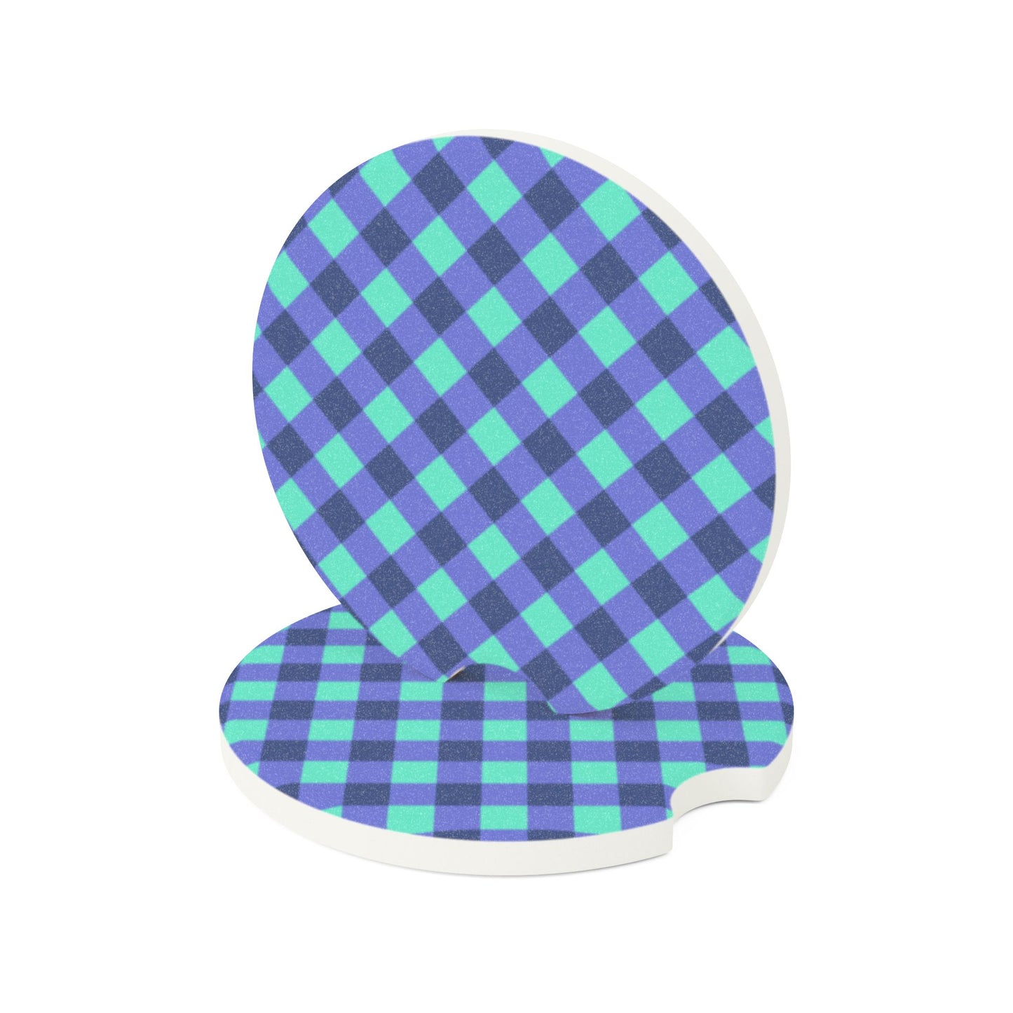 Preppy Purple Aqua Gingham Soapstone Car Coaster