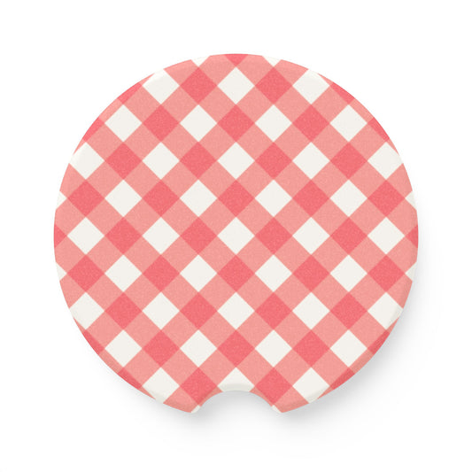 Preppy Peach Gingham Soapstone Car Coaster