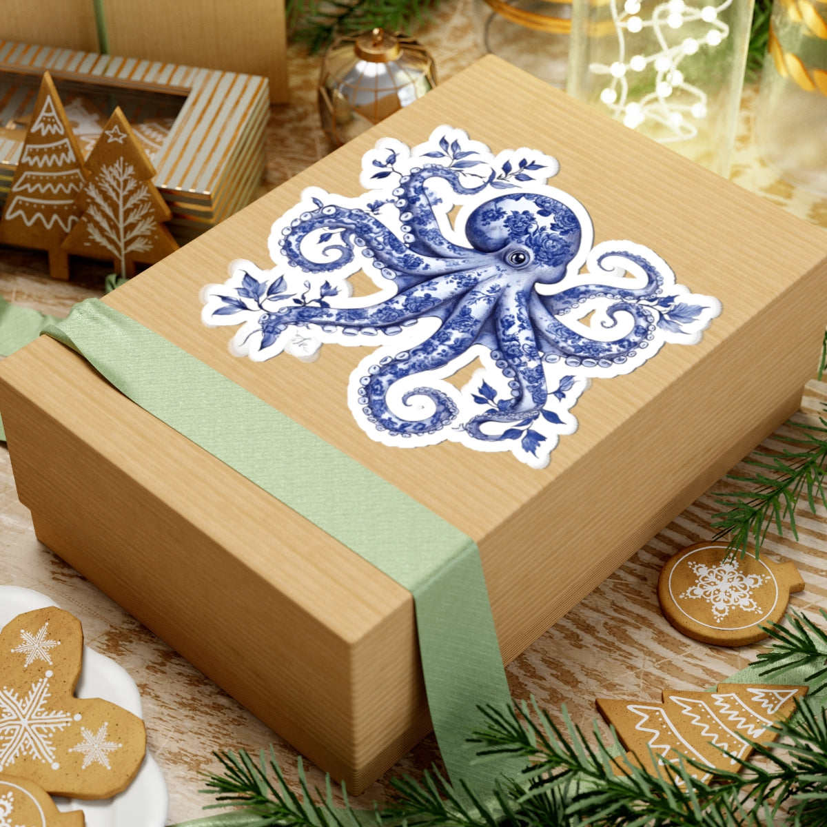 Blue Floral Octopus Kiss-Cut Stickers
