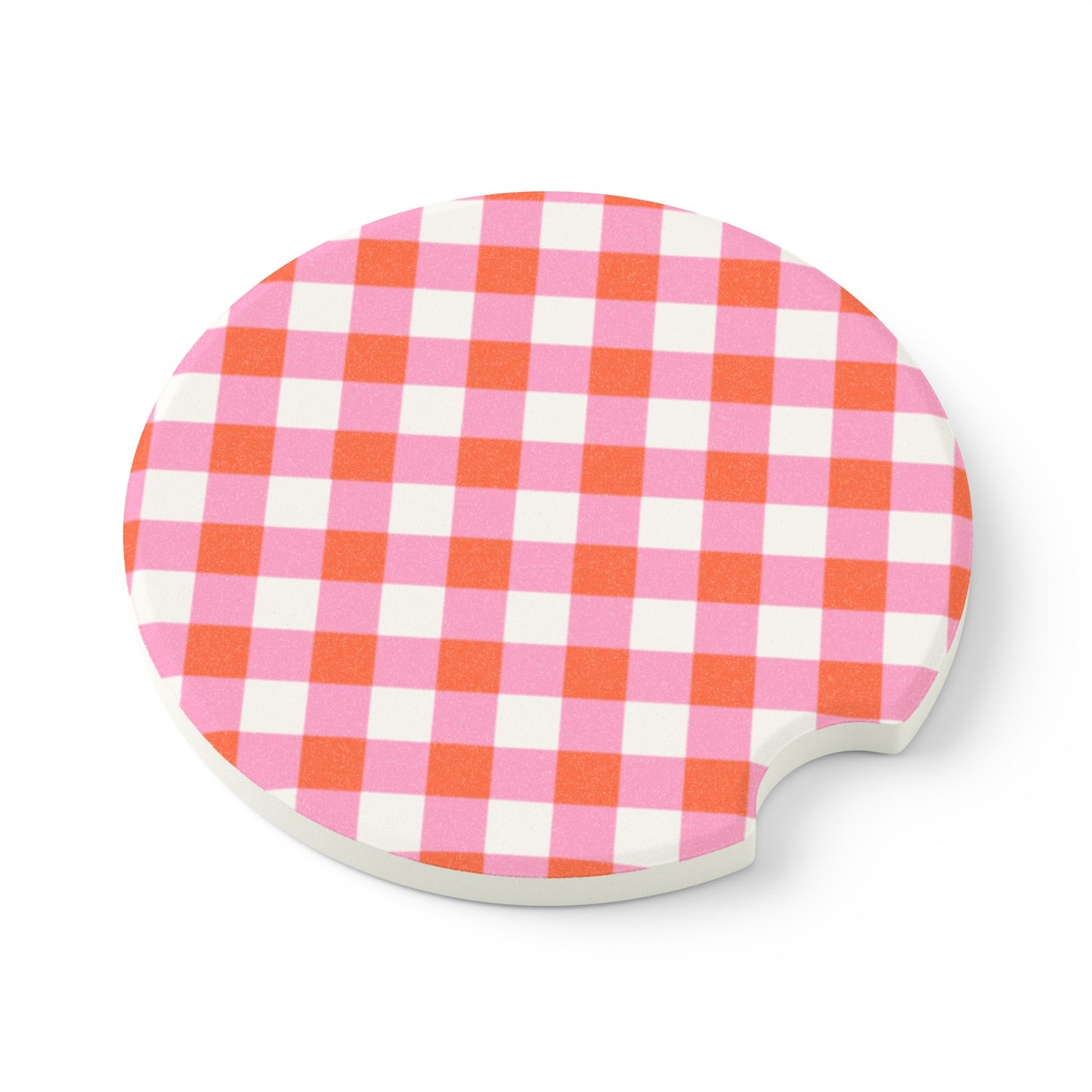Preppy Pink Orange Gingham Soapstone Car Coaster