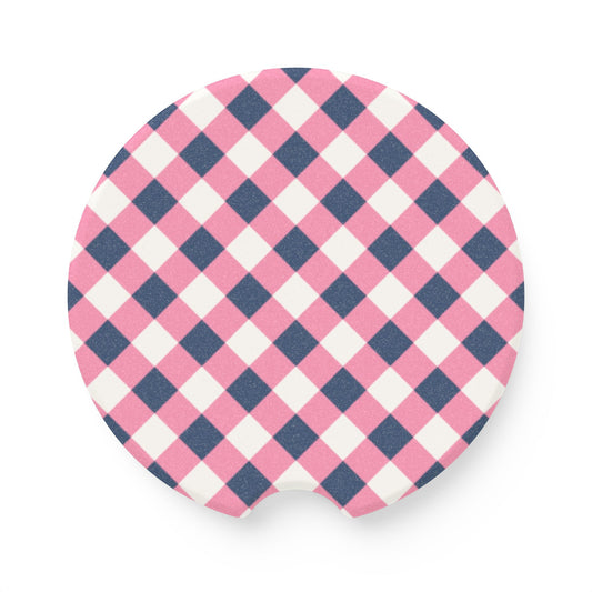Preppy Pink Navy Gingham Soapstone Car Coaster