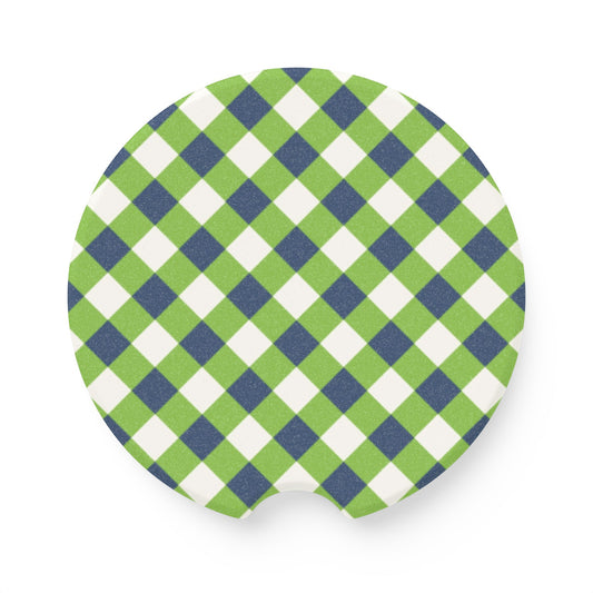 Preppy Green Navy Gingham Soapstone Car Coaster