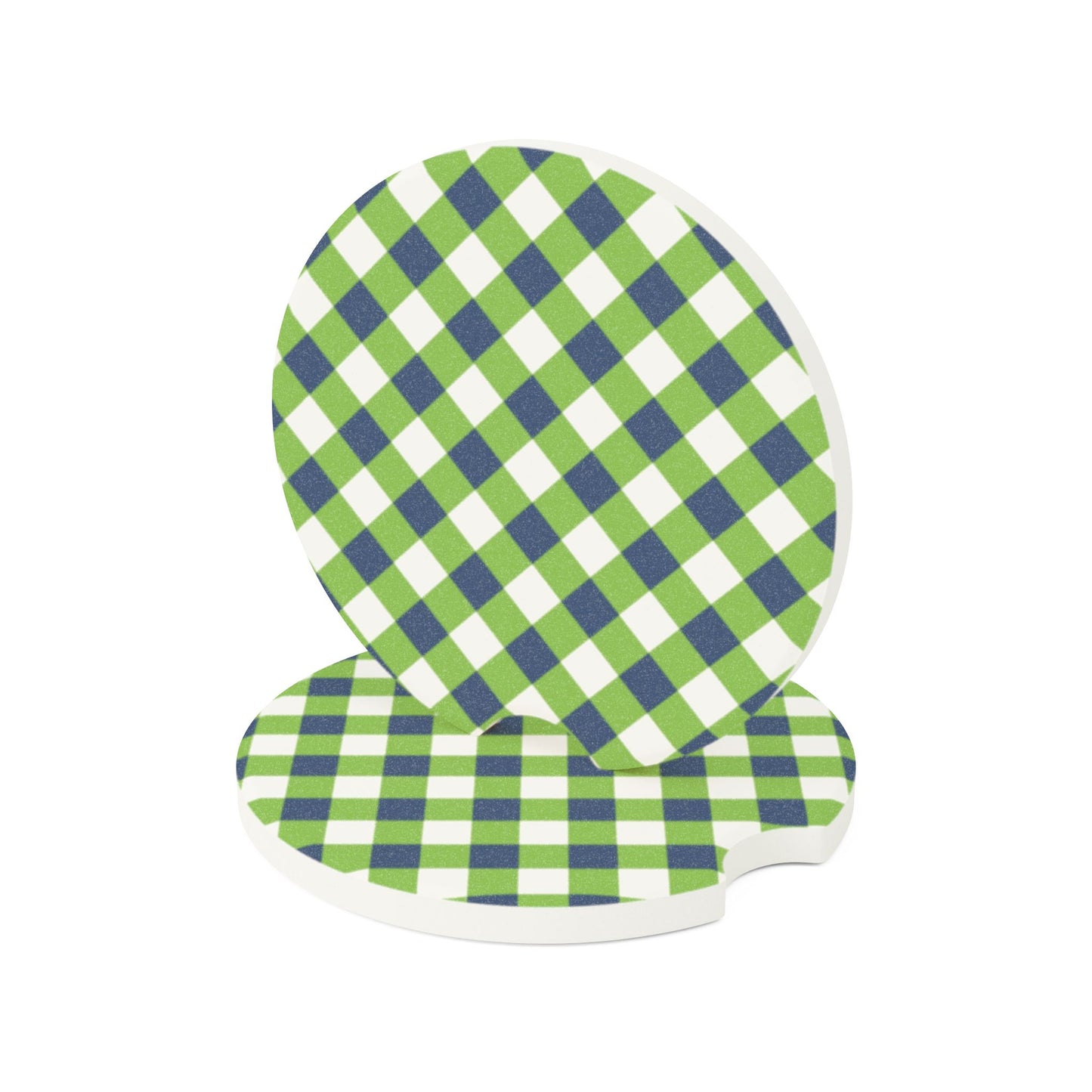Preppy Green Navy Gingham Soapstone Car Coaster