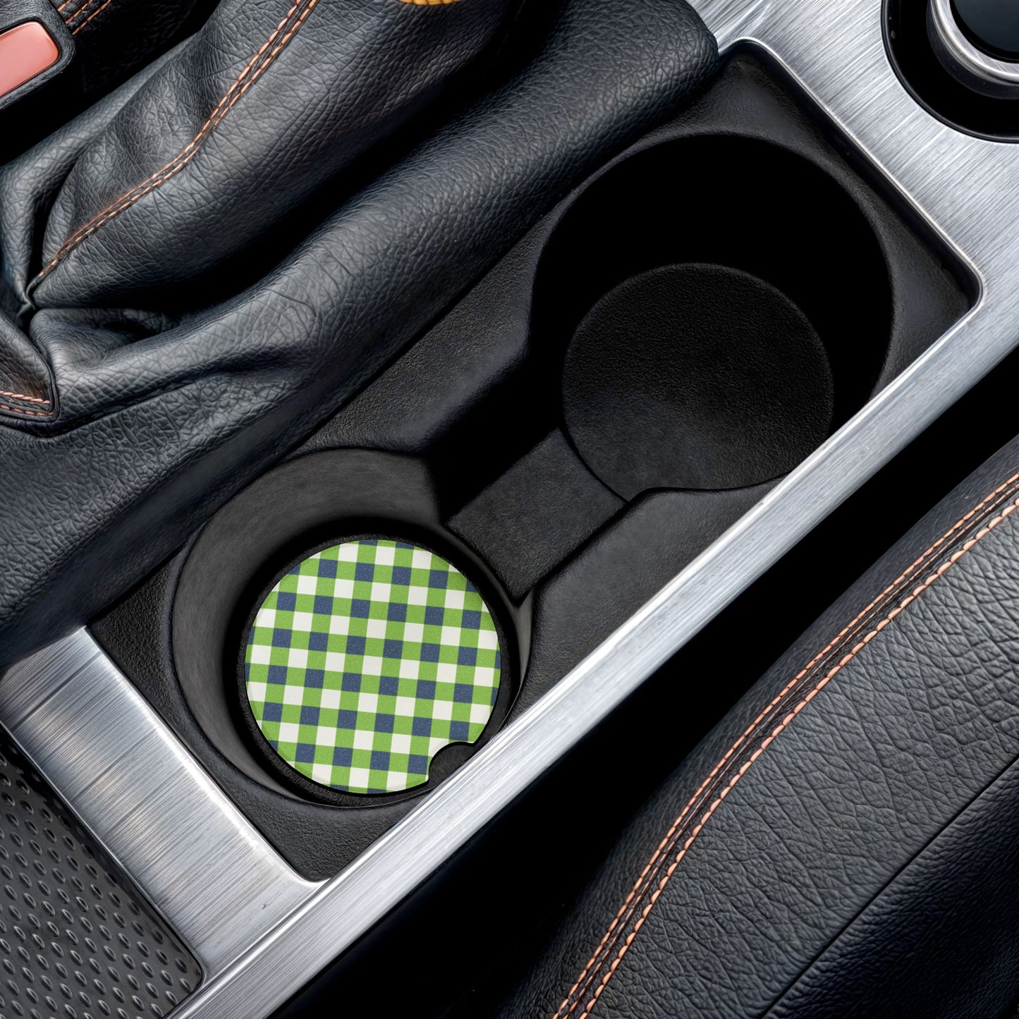 Preppy Green Navy Gingham Soapstone Car Coaster