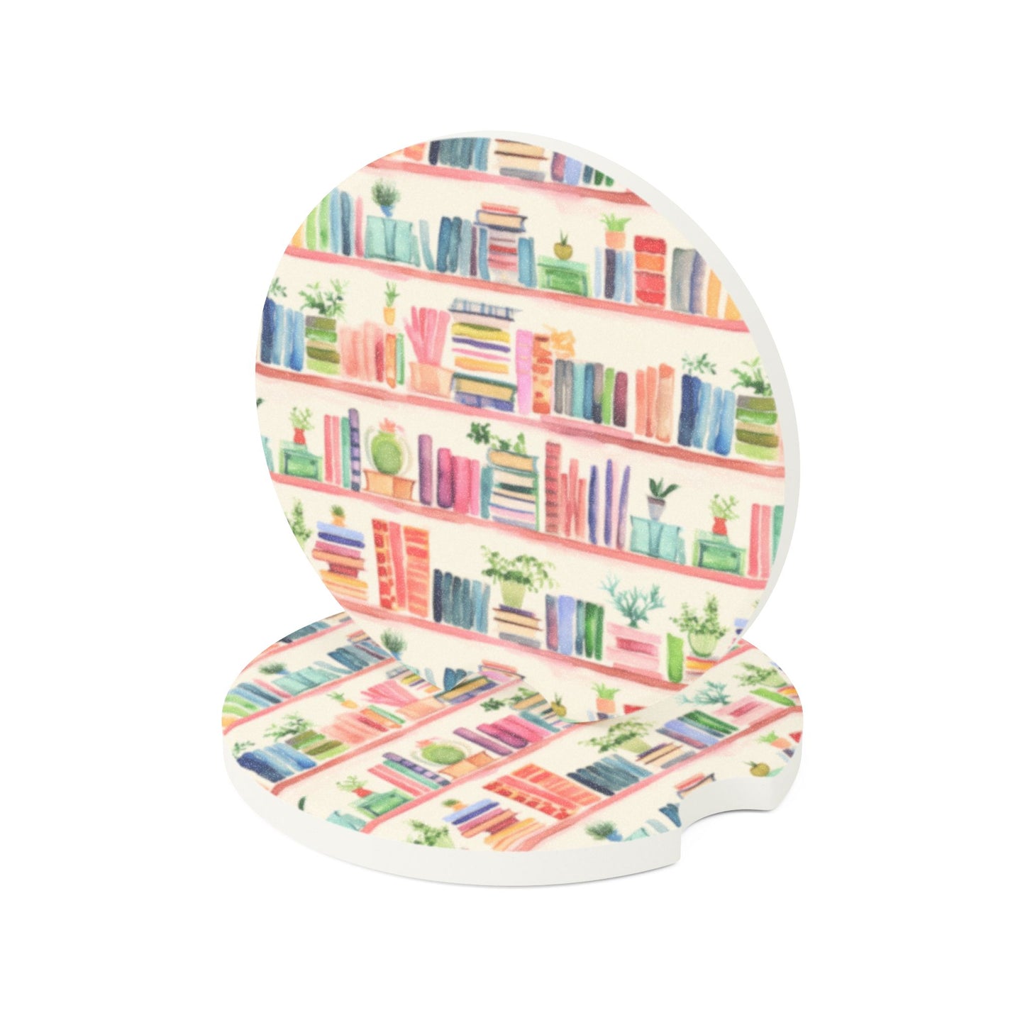 Watercolor Bookshelves Soapstone Car Coaster