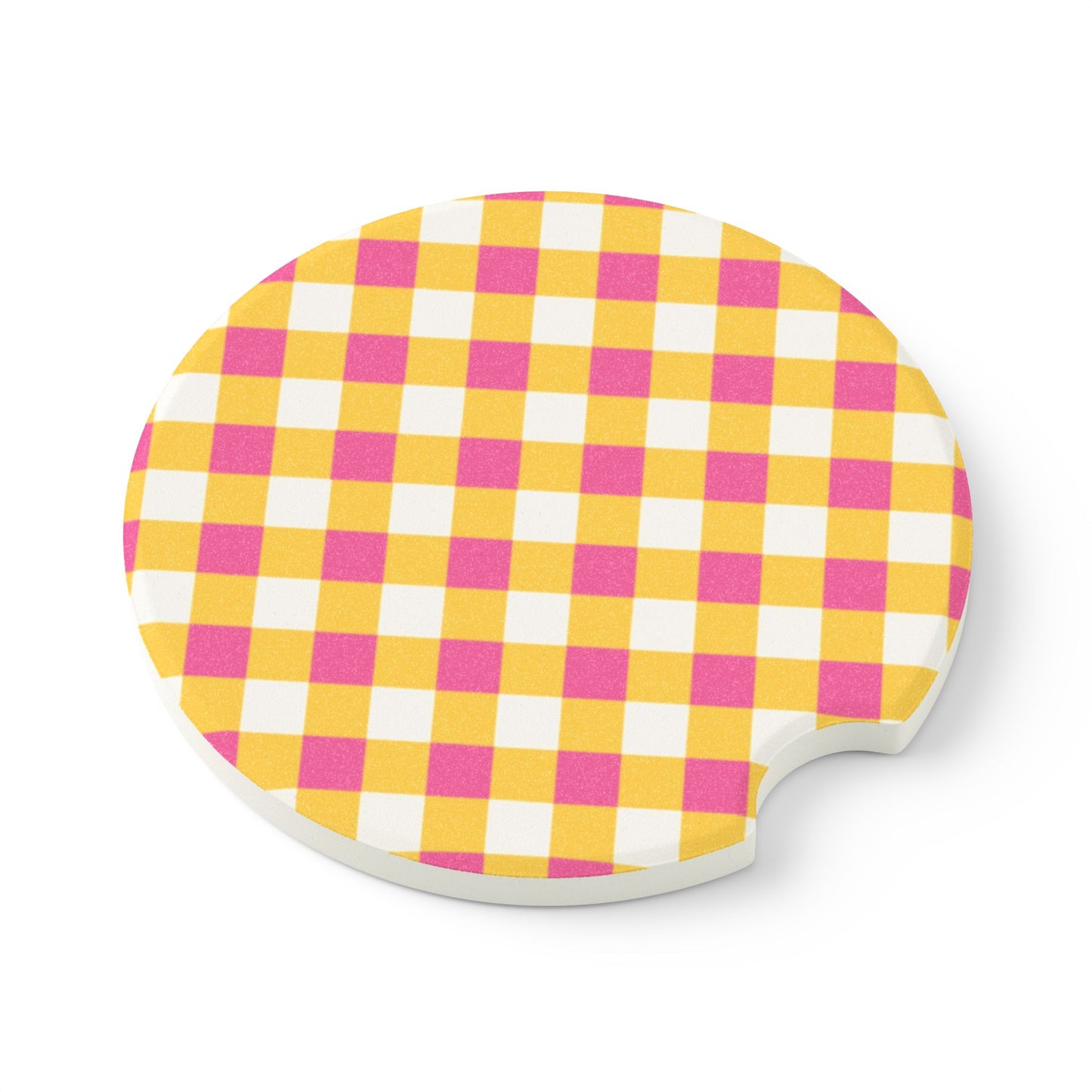 Preppy Yellow Pink Gingham Soapstone Car Coaster
