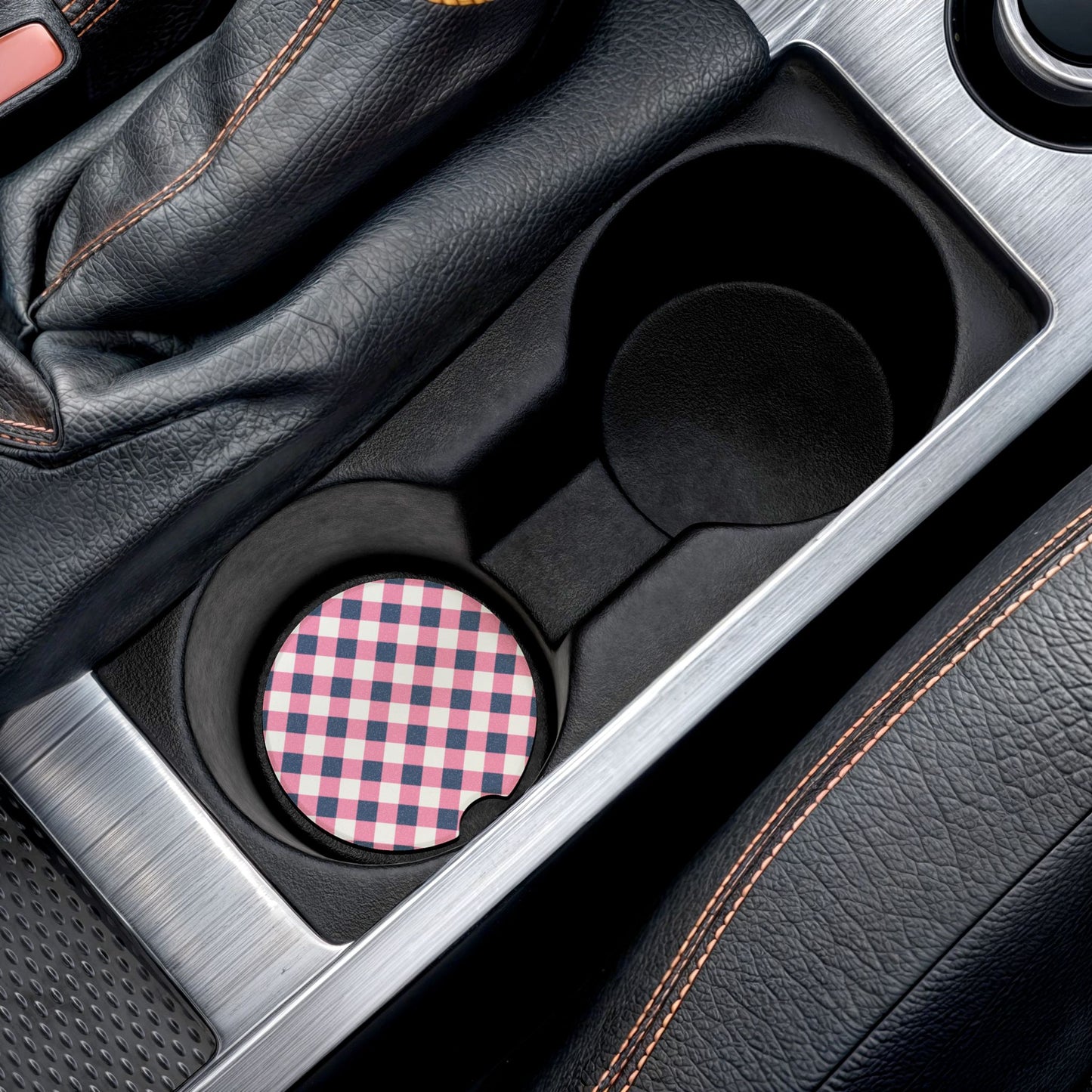 Preppy Pink Navy Gingham Soapstone Car Coaster
