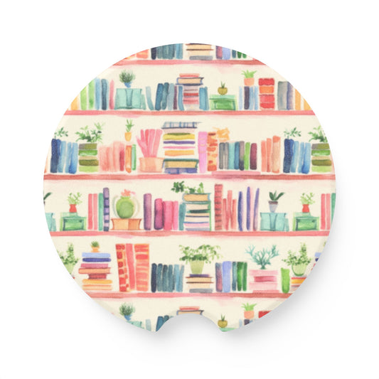 Watercolor Bookshelves Soapstone Car Coaster