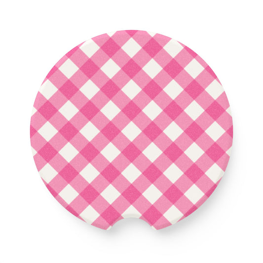 Preppy Pink Gingham Soapstone Car Coaster
