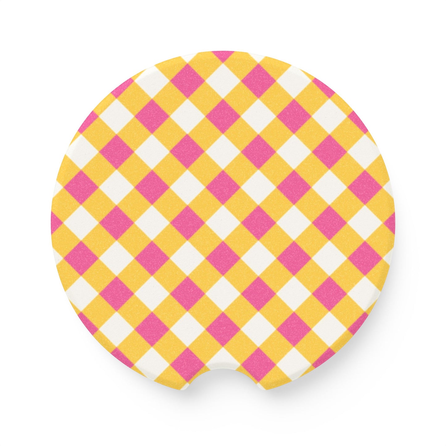 Preppy Yellow Pink Gingham Soapstone Car Coaster