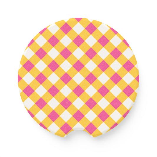 Preppy Yellow Pink Gingham Soapstone Car Coaster