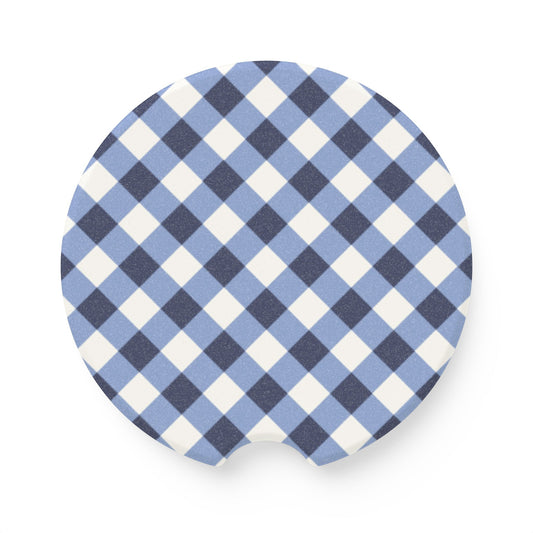 Preppy Blue Gingham Soapstone Car Coaster