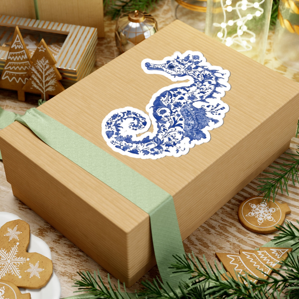 Blue Floral Seahorse Kiss-Cut Sticker