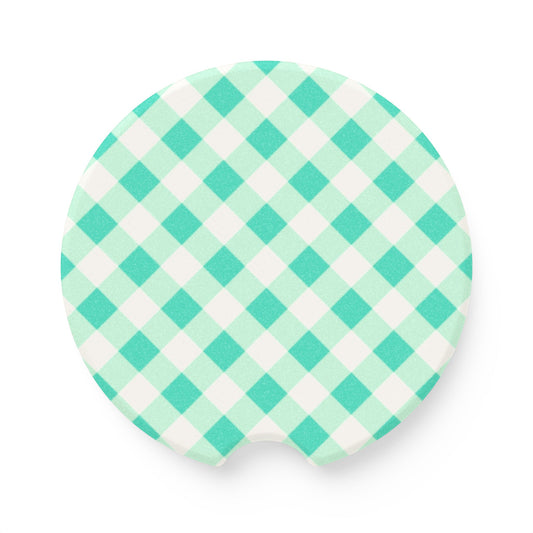 Preppy Aqua Gingham Soapstone Car Coaster