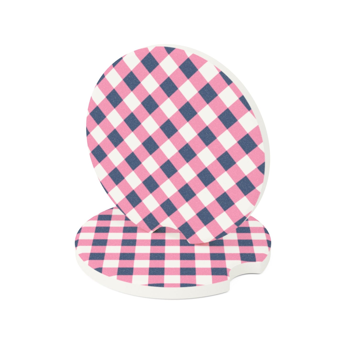 Preppy Pink Navy Gingham Soapstone Car Coaster