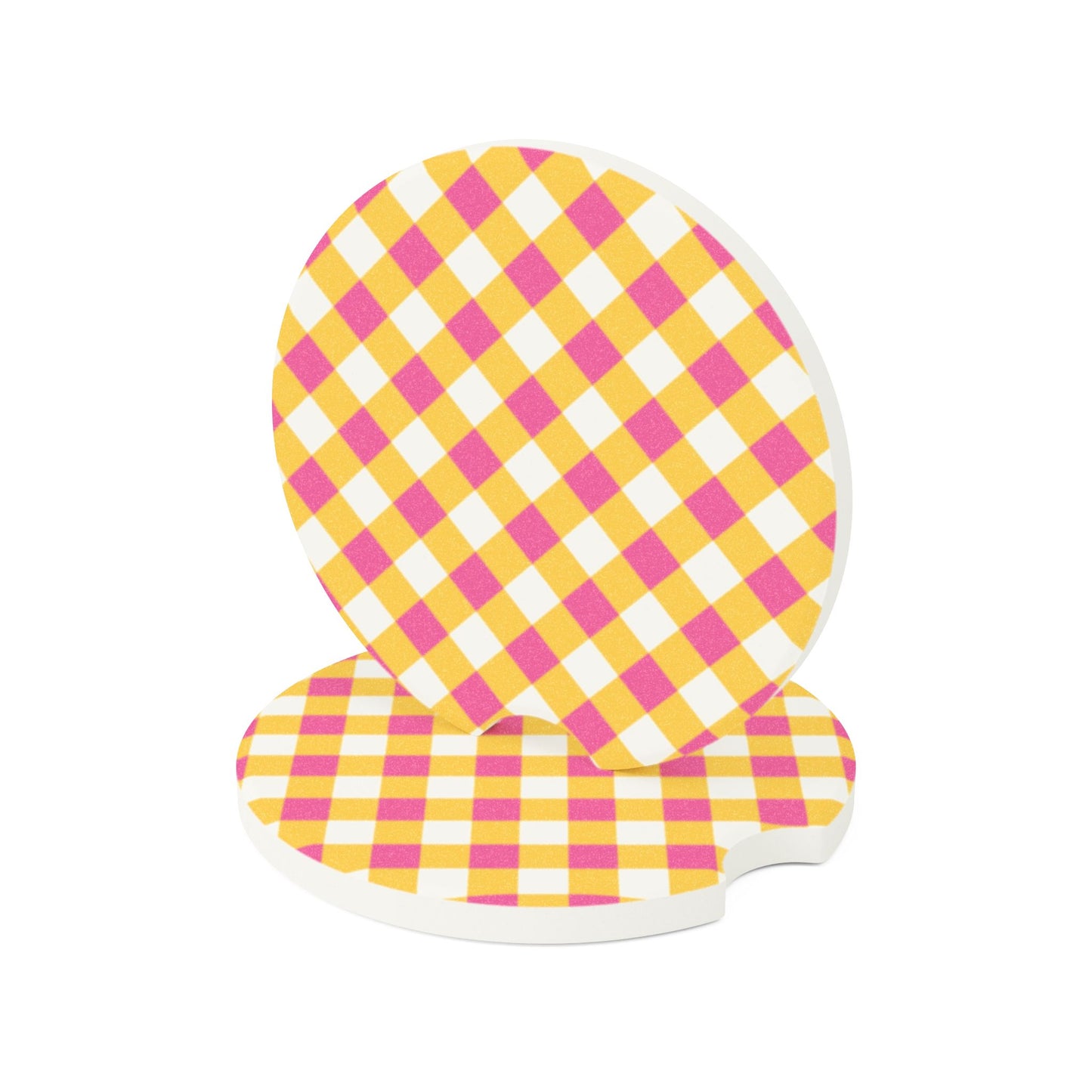 Preppy Yellow Pink Gingham Soapstone Car Coaster