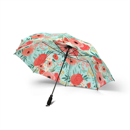 Coral Floral Semi-Automatic Foldable Umbrella
