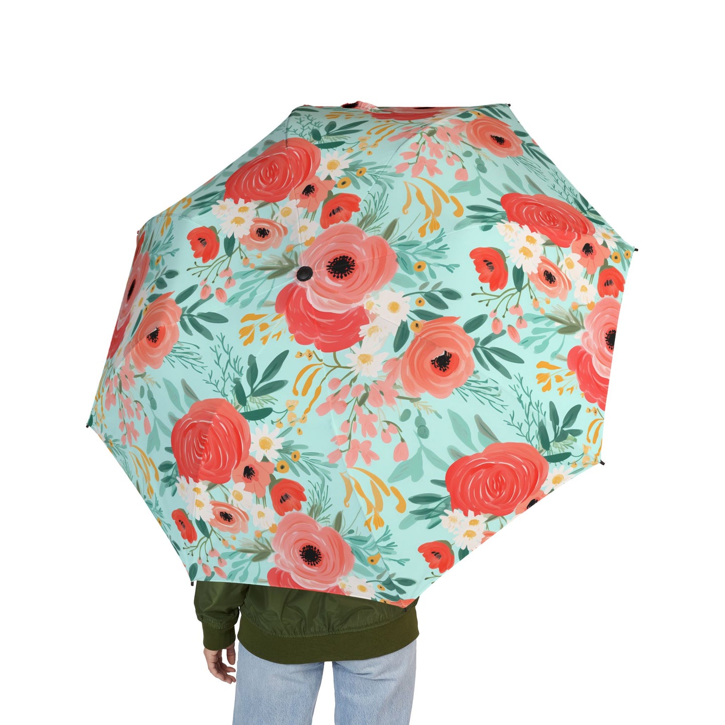 Coral Floral Semi-Automatic Foldable Umbrella