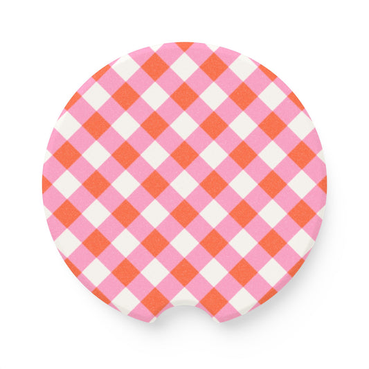 Preppy Pink Orange Gingham Soapstone Car Coaster