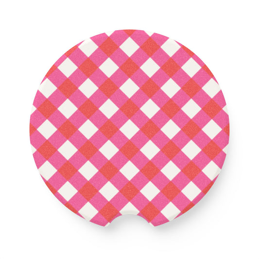 Preppy Pink Red Gingham Soapstone Car Coaster