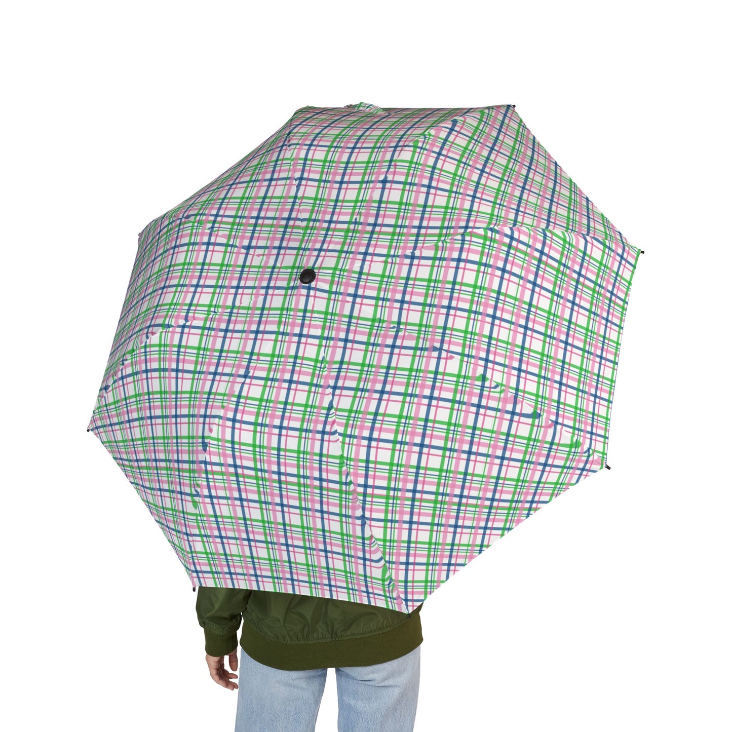 Pink Plaid Semi-Automatic Foldable Umbrella