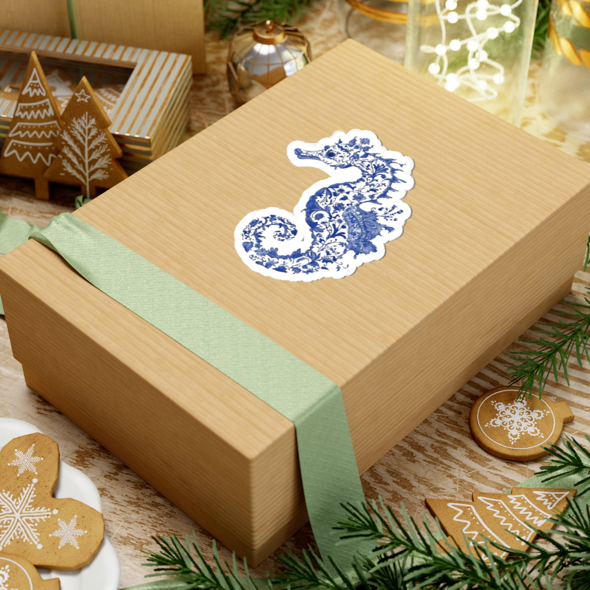 Blue Floral Seahorse Kiss-Cut Sticker